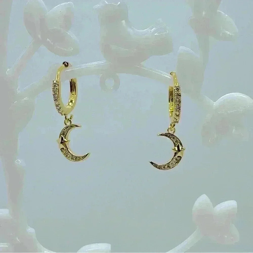 Moon Star Inlaid zirconia Hoop Drop Earrings